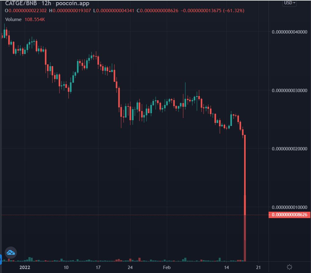 0x_Davide's tweet photo. This was the longest scam in history! 8/9 months of dump + "buy the dip &amp; hodl" of chickens :-D

Rug Pull (the third one?) now. Sayonara, baby.

#Catge #Catgecoin #Scam #Rugpull #Shitcoin #ItalyScam #Crypto #ShitCrypto https://t.co/7AKUzEWlTi