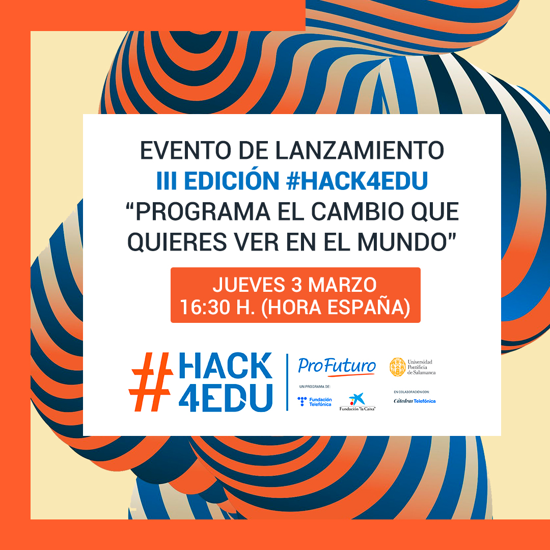 💻¡Llega una nueva edición de #hack4edu!, el hackatón internacional sobre educación digital de <a href="/ProFuturo_/">ProFuturo</a> y <a href="/upsa/">UPSA</a>.

Consulta toda la info y conéctate al evento de lanzamiento en <a href="/42MadridFTef/">42 Madrid</a>. 🗓Jueves, 3 de marzo 🕟16:30h.

👉profuturo.education/hack4edu/

<a href="/FundlaCaixa/">Fundación ”la Caixa”</a> <a href="/CatedrasTEF/">Cátedras Telefónica</a>
