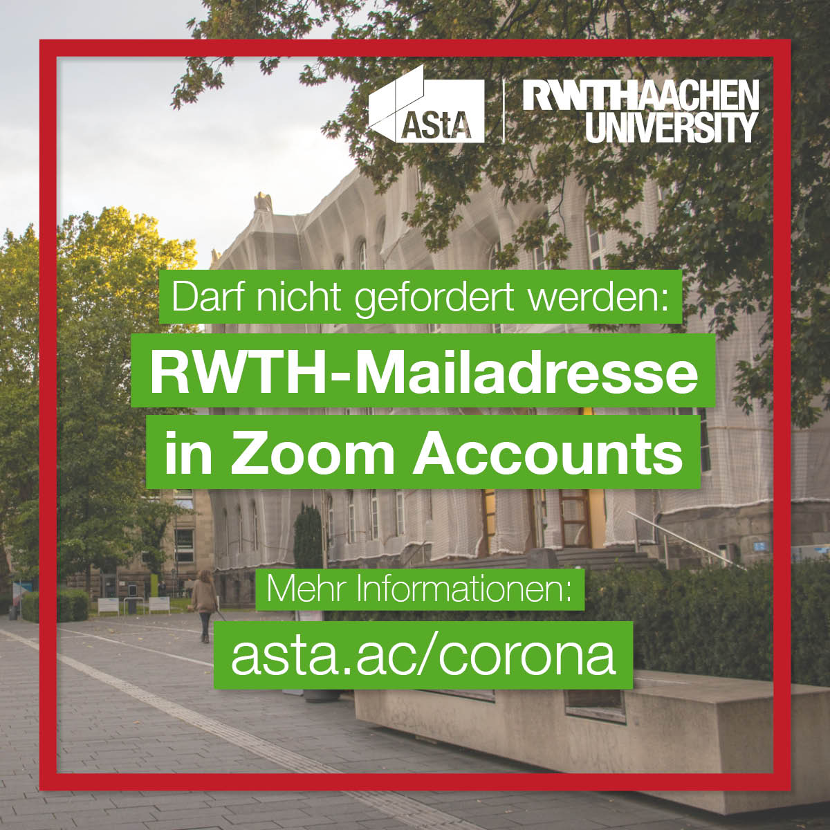 Einige Lehrstühle der fordern, dass in #Zoom für Prüfungen die #RWTH-Mailadresse hinterlegt ist. Dies ist oft nicht der Fall und eine Umstellung kann eine Sperrung des Zoom Accounts für 24h verursachen. Alle Infos für Betroffene findest du hier:
➡️ asta.rwth-aachen.de/rwth-mailadres… (kh)