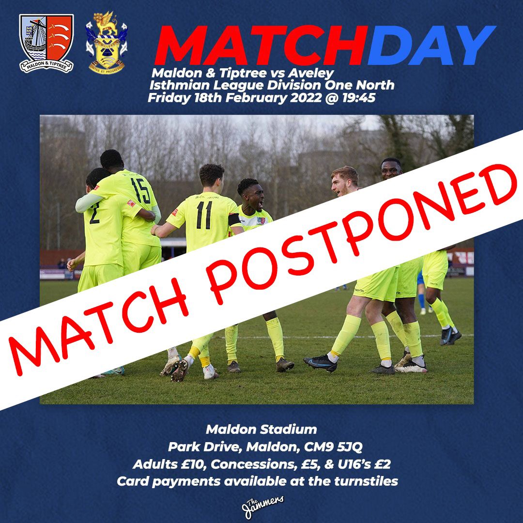MaldonTiptreeFC's tweet photo. 🚨 MATCH POSTPONED 🚨
Tonight’s fixture against @AveleyFC has been postponed due to #StormEunice.
All the details ➡️ https://t.co/aLWQIANHtZ
#Jammers 🍓 #MALAVE https://t.co/jYk9msVUyp