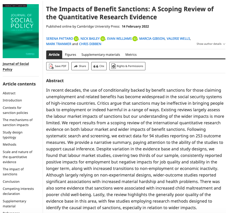 JSP_Journal's tweet photo. New on #FirstView by Serena Pattaro, Nick Bailey, Evan Williams, Marcia Gibson, Valerie Wells, Mark Tranmer and Chris Dibben:
The Impacts of Benefit Sanctions: A Scoping Review of the Quantitative Research Evidence
https://t.co/IIiuclafRZ https://t.co/k2MstRElVR