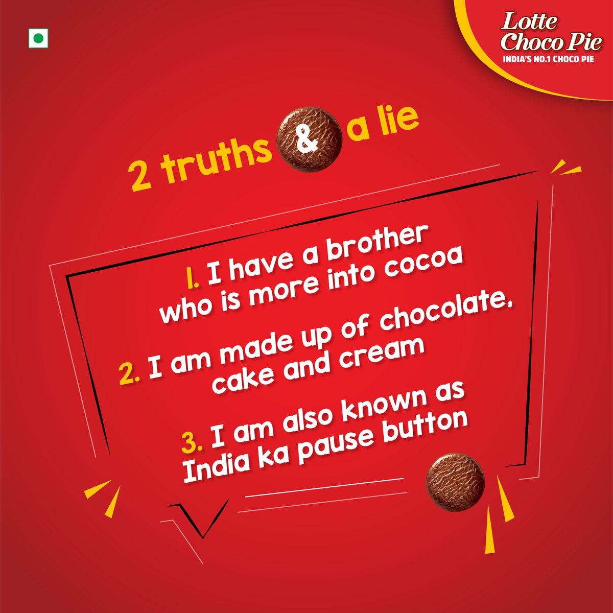 lotte_india's tweet photo. Looks like Lotte Choco Pie is in a mood to test you. Spot the lie by our Pie and you can be the lucky winner to get exciting gift hampers.
#pausewithpie #Pausetoplay #IndiaKaPausebutton #ThePiePowerUp #powerofpie #lotteindia #lottechocopie https://t.co/1L1kFkMAqL