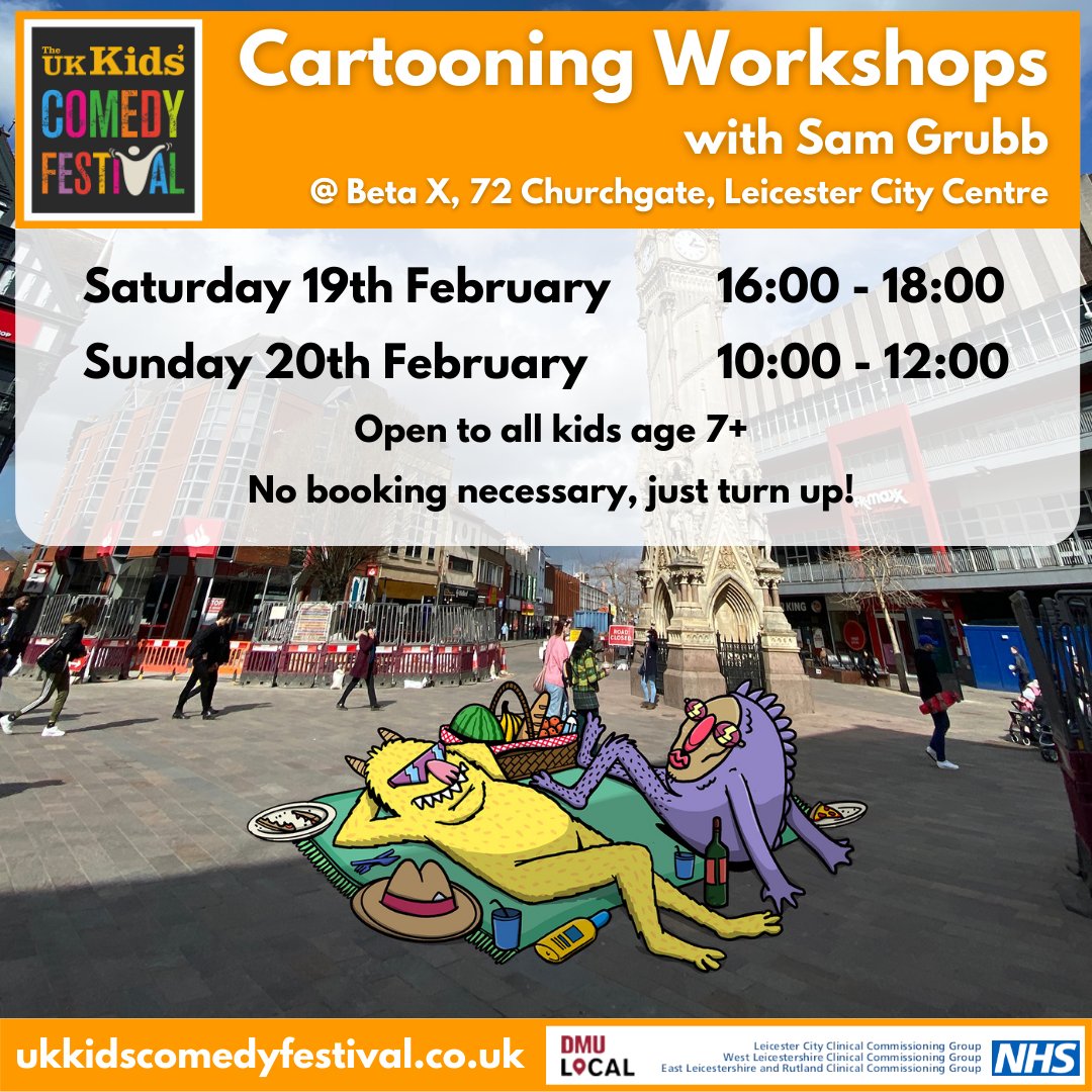KidsComedyFest's tweet photo. 🌟Cartooning Workshops This Weekend!🌟
Join local illustrator & designer Sam Grubb in this unique drop-in cartooning workshop at @betaxleicester
Create colourful, silly, hilarious cartoons. No booking necessary, just turn up! Sat 4pm-6pm / Sun 10am-12pm
#smilesbetter https://t.co/KN7RzmfkLt