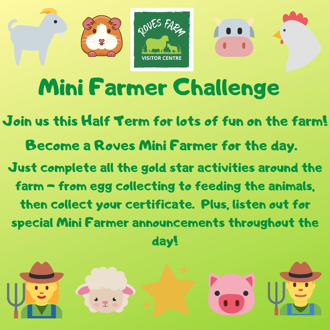 👨‍🌾 Roves Mini Farmers is back!  Come to help out with fun jobs on the farm. Farmer fancy dress encouraged! There are also lots of new arrivals to see; our Boer goat kids, Poll Dorset lambs &amp; Gloucester Old Spot piglets. Plus indoor play, music time &amp; more! rovesfarm.co.uk/whats-on/mini-…