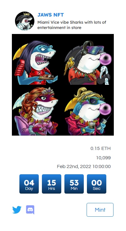 _MintingNFT's tweet image. Apex predator or high stakes roller? Be both by joining the finfam - JAWS NFT @JAWS_NFT 

🌐check this out at bestnftdrops.io
🚀NEW LISTING
💧NFT Drops

#NFTGiveaways #NFTs #NFTCommunity #NFTdrops #NFTProjects #nftmarket #nftgallery #bestnftdrops