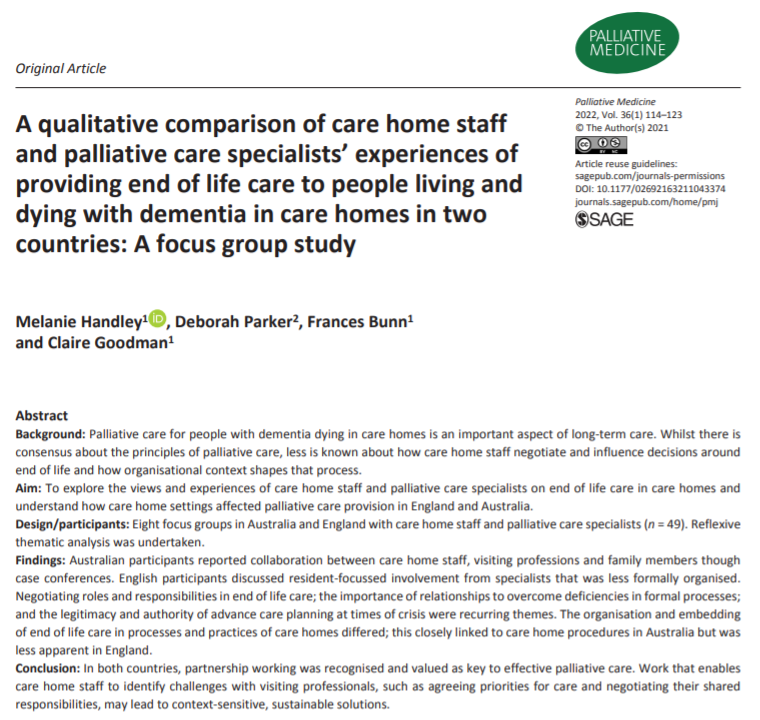 Care home routines and policies impact end of life care for people with dementia by determining who has responsibility for different aspects of care and how decisions for care are discussed. #hpm #hapc journals.sagepub.com/doi/full/10.11…