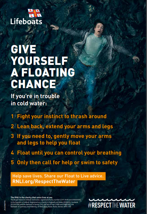 leinsterrugby's tweet photo. Entering water under 15 degrees can impact your ability to breathe and move. 

Fight your instinct to swim. Relax and float on your back until you can control your breathing and the shock passes. 

#FloatToLive #RNLI https://t.co/MrA02MtqfP