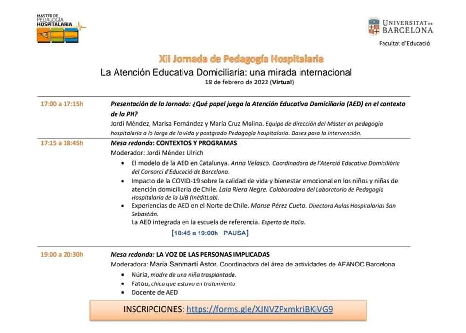 Hoy!

XII Jornada de #PedagogíaHospitalaria <a href="/UBMasterPH/">MasterPH</a> 

Enfoque: Atención Educativa Domiciliaria.

📆viernes 18 de Febrero
⏰17hs España 

Inscripción 

forms.gle/XJNVZPxmkriBKj…

Los esperamos!
#MaestrosHospitalarios
#EscuelasHospitalarias
#AulasHospitalarias
#ClasseHospitalar