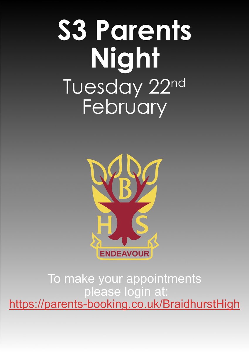 S3 Parents Evening click for more info and to book you appointments 👇blogs.glowscotland.org.uk/nl/Braidhurst/… <a href="/braidhurstpe/">Braidhurst Faculty of HWB 🏓🍎</a> <a href="/BraidhurstMusic/">Braidhurst Music</a> <a href="/BHSChemSoc/">Braidhurst Chemistry</a> <a href="/MrBHistory1/">Mr Brandon History</a> <a href="/MrMPaterson/">Mr M Paterson</a> <a href="/braidhurst_tech/">braidhurst_technology</a> <a href="/BraidhurstBio/">Braidhurst Biology</a> <a href="/BHSwiderachieve/">Braidhurst Wider Achievement</a> <a href="/Captains_BHS/">BraidhurstCaptains</a> <a href="/MissYoung_PE/">Mrs O’Neill</a> @misslyttlePE