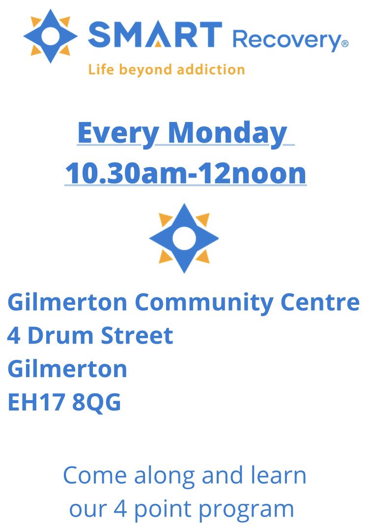 Live in Edinburgh? Why not pop along to Gilmerton Community Centre and #GetSmart 
Fantastic bunch of people attend this meeting with great facilitators. 
#lifebeyondaddiction #SMARTrecovery