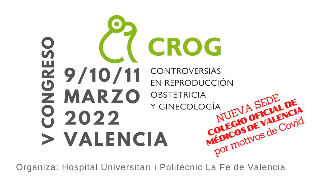 Quedan pocas plazas para inscribirse al CROG! 
Tras varios aplazamientos y cambio de sede celebramos por fin nuestro congreso, que de forma excepcional trasladamos al Colegio Oficial de Médicos de Valencia por medidas preventivas.
crog.es/crog2022/inscr…