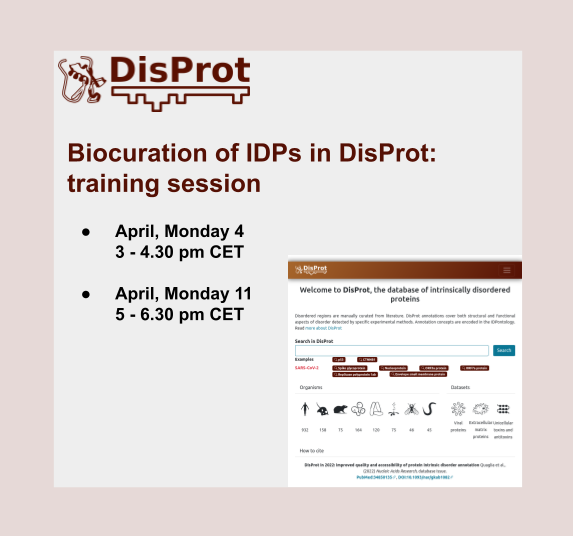 DisProt_db's tweet photo. Do you love #IDPs and want to get involved in DisProt #biocuration?
We have two upcoming training sessions:
🗓️ April, Monday 4 at 3 - 4.30 pm CET
🗓️ April, Monday 11 at 5 - 6.30 pm CET
Fill out this form to show your interest and apply:
🔗 https://t.co/hScIjqRweT https://t.co/wGYATser8q