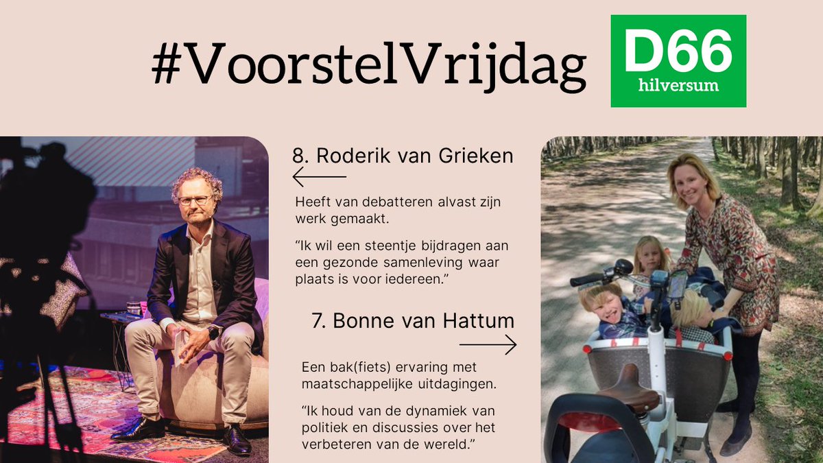 Nog maar 3,5 week tot de gemeenteraadsverkiezingen in #Hilversum 💚

Ontmoet ons ijzersterke team. Waar moeten <a href="/RoderikvGrieken/">Roderik van Grieken</a> en <a href="/BonnevanHattum/">Bonne van Hattum</a> zich volgens jou voor inzetten? 💬

Ontmoet al onze kandidaten hier
d66.nl/hilversum/onze…
