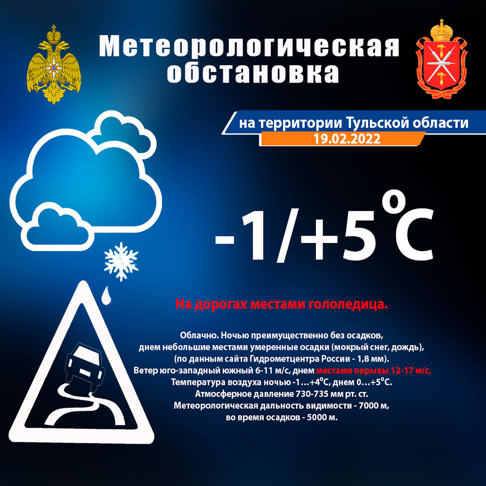 На сайте ГУ #МЧС России доступен ежедневный оперативный #прогноз возникновения и развития #ЧС на 19.02.2022 года
71.mchs.gov.ru/deyatelnost/pr…