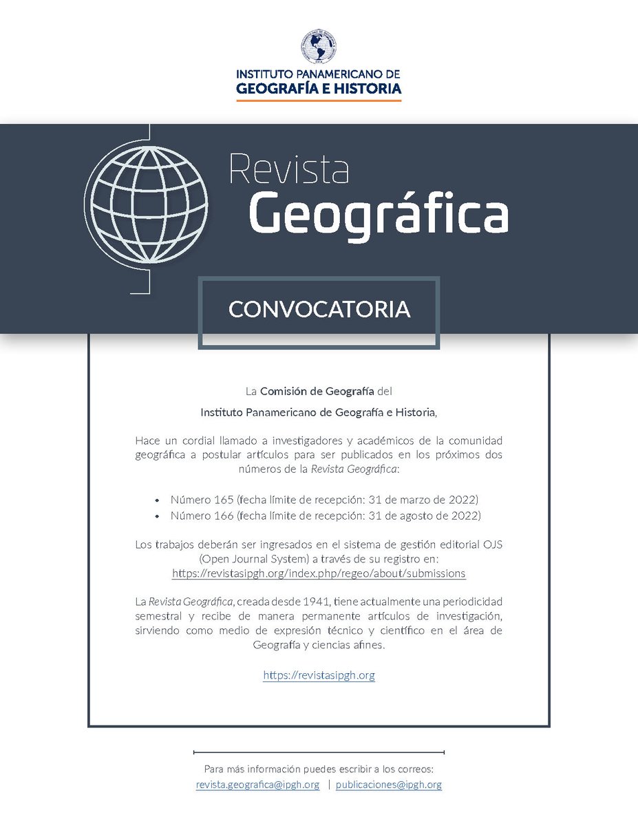 IPGH_PAIGH's tweet photo. #Convocatoria | La Comisión de #Geografía del #IPGH hace un cordial llamado a la comunidad geográfica a postular artículos para ser publicados en su Revista Geográfica.

Para mayor información en:
https://t.co/l34SSrgFBw

 #RevistasIPGH https://t.co/HMG8MCMgPs