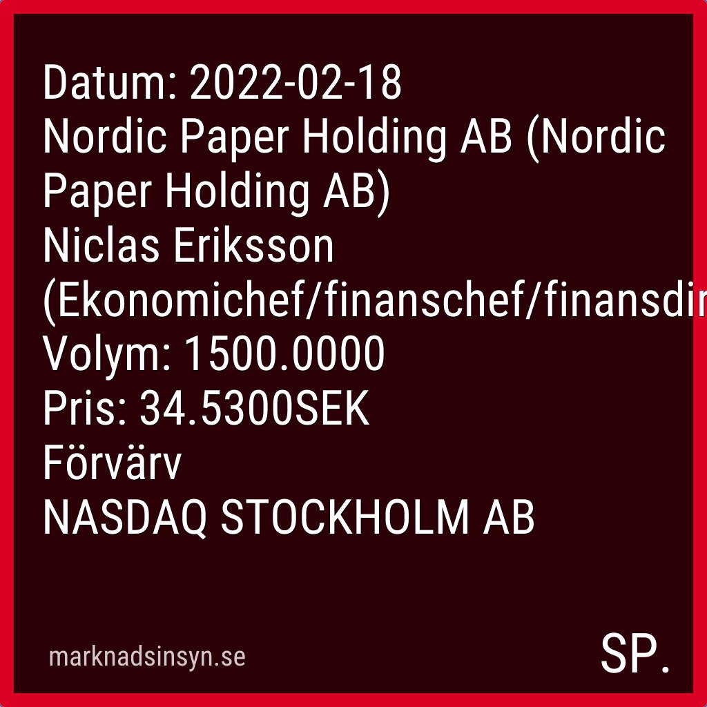 svenroed's tweet image. Få SMS via marknadsinsyn.se. Datakälla: FI Insynshandel. #nordicpaper #SE0014808838 $npaper nordicpaper