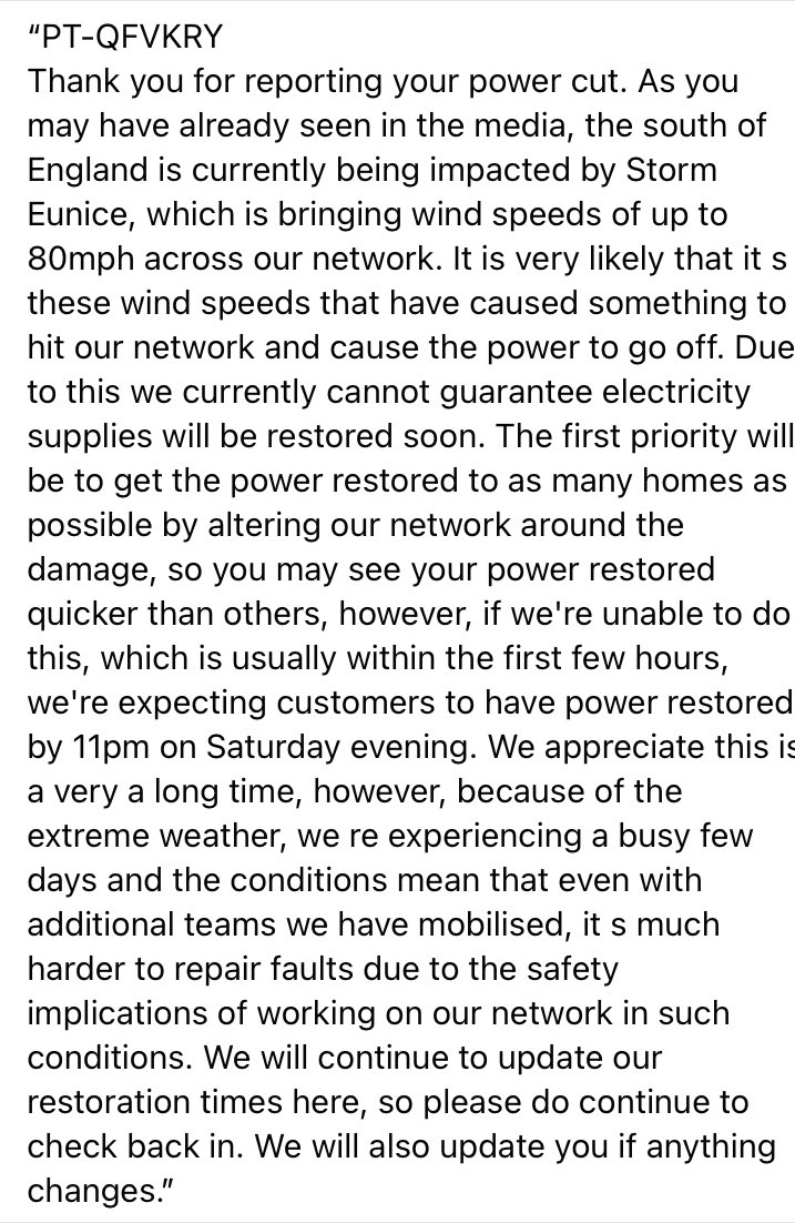 nsimaudoh's tweet photo. There’s bin #PowerOutage in some areas in Basingstoke due to d impacts of storm Eunice. Reached out to Scottish &amp; Southern Electricity Networks - got the attached message. Hopefully this is sorted as soon as it’s safe to do so. Stay safe all.
#loveBasingstoke https://t.co/2VqmuMOVqv
