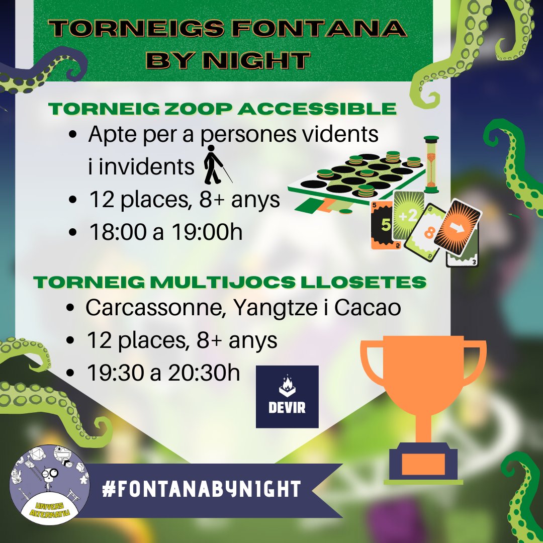 ALC_Stronghold's tweet photo. Amb les compis de @eldadodorado us portem dos #Torneigs a la pròxima #FontanaByNight!
- Torneig de #zoop #accessible gràcies a la feina de @Juegosparatodo4 i @JUP_ONCE
- Torneig #multijocs de #llosetes patrocinat per @DevirIberia!
Inscripcions: https://t.co/caxDAC0Oug https://t.co/ST2ajYsaJ9