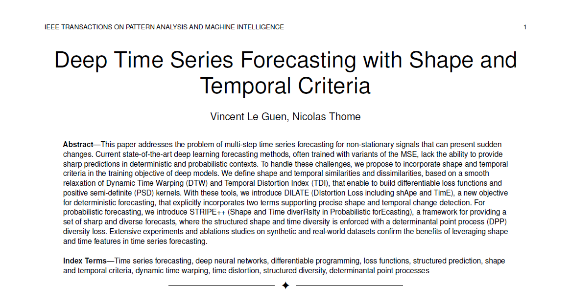 vleguen's tweet photo. Paper accepted for publication at IEEE PAMI ! We propose to leverage differentiable shape and temporal criteria for training deep time series forecasting models. #IEEECS
Extending two #NeurIPS papers: DILATE (#neurips2019), STRIPE (#neurips2020) 
Paper: https://t.co/QjCSqUPGLZ https://t.co/3Cou9iUOwj