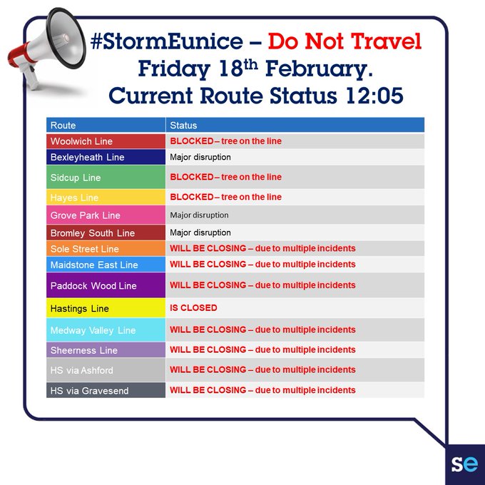 The Bexleyheath Woolwich Sidcup and Hayes Lines are blockedAll Mainline Routes are in the process of closing due to a large number of incidents across our network Please Do Not Travel