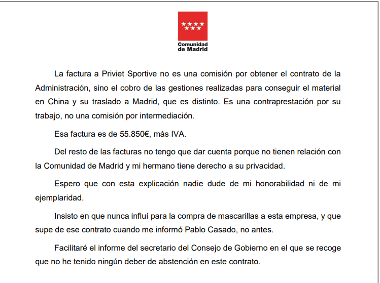 .<a href="/IdiazAyuso/">Isabel Díaz Ayuso</a> explica por fin la factura de su hermano y no es de 286.000 euros, sino de 55.000, un 3% del contrato total y, además, no por intermediación sino por traslado de material. Si Casado no tiene otra prueba, el caso da un giro muy importante.