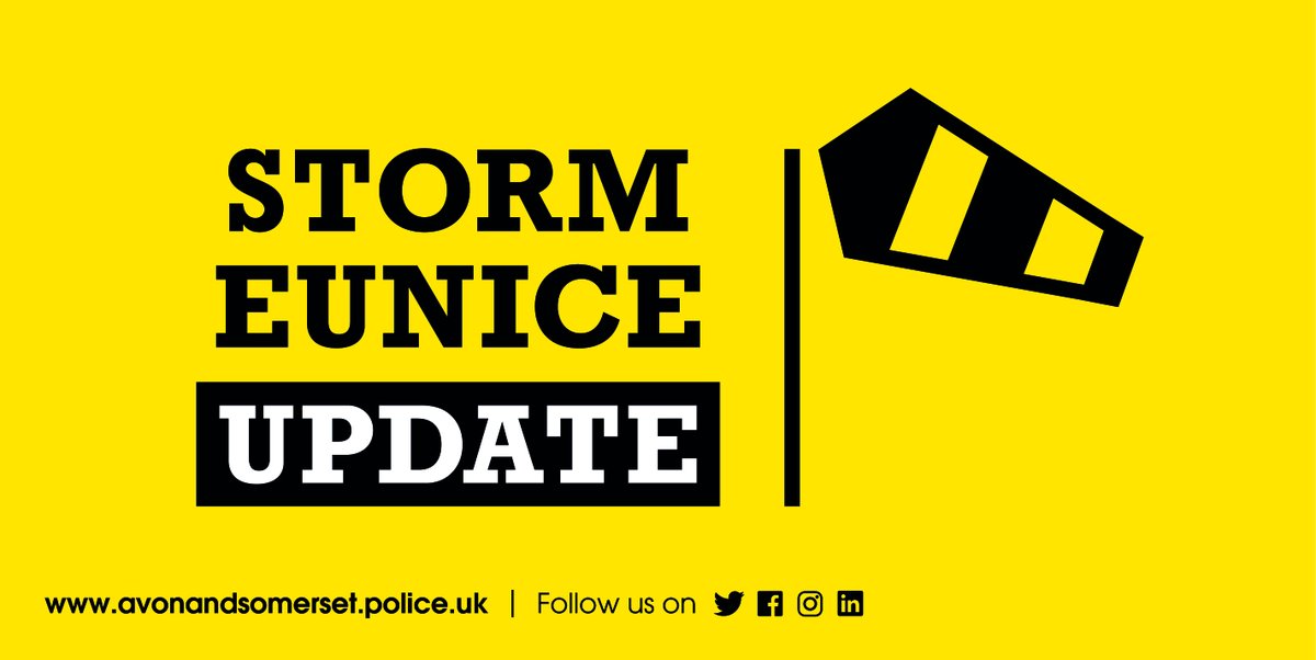 Avon and Somerset Police (@aspolice) on Twitter photo We’re currently receiving a high number of #StormEunice related calls.
Please only phone 999 if there is an immediate risk to safety such as a fallen live power cable.
You can report trees fallen on to a major road to <a href="/HighwaysSWEST/">National Highways: South-West</a> and on local roads to your local authority. We’re currently receiving a high number of #StormEunice related calls.
Please only phone 999 if there is an immediate risk to safety such as a fallen live power cable.
You can report trees fallen on to a major road to <a href="/HighwaysSWEST/">National Highways: South-West</a> and on local roads to your local authority.