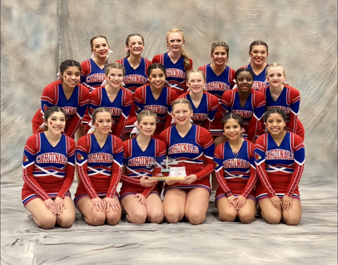 CreteCheer's tweet image. Your cardinal cheerleaders are the Class B Gameday Runner-Ups❤️💙 They also had the highest scoring routine in Crete cheer history! We are so proud of our girls!! #riseup