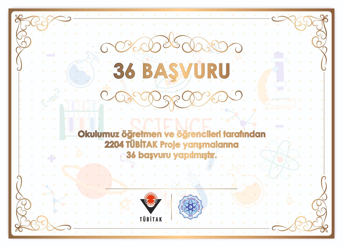 Okulumuz tarafından 2204 TÜBİTAK proje yarışmasına 36 başvuru yapılmıştır.. Emeği geçen öğretmenlerimize teşekkür eder proje başvurusunda bulunan öğrencilerimizi kutlarız..