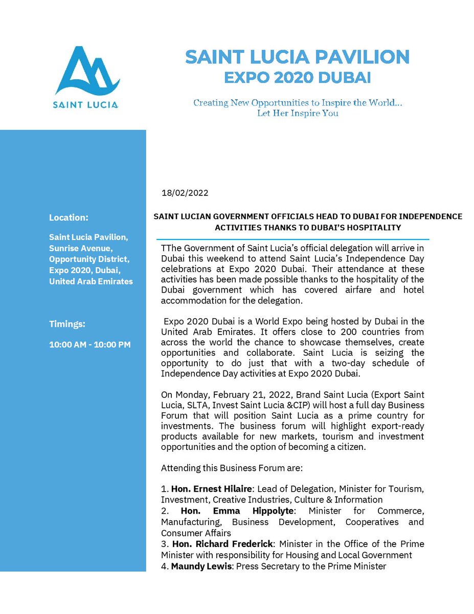nelciathewriter's tweet photo. Dubai will host Saint Lucia's official delegation at Expo 2020 Dubai in the coming days for the island's Independence activities.

#Independence43 https://t.co/F2TmQygP7o