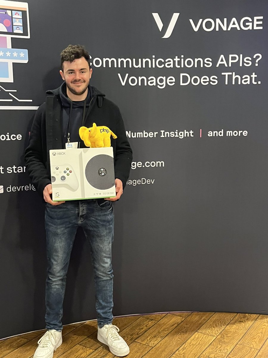 VonageDev's tweet photo. Congratulations to our lucky raffle winner! 🎉🎉🎉 it’s been a pleasure meeting you all - let us know if you’ve been lucky enough to secure one of our special mascots too 🐘💛 #phpuk22 @PHPUKConference https://t.co/JvfR2ht32L