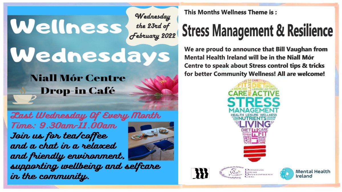 Join us Wednesday the 23rd of Feb for our drop in style café☕
💐We are proud to announce that Bill Vaughan from Mental health Ireland will be speaking to give us #StressControl tips and tricks for better #community  Wellness💐
Free event! All Welcome #killybegs #niallmorcentre