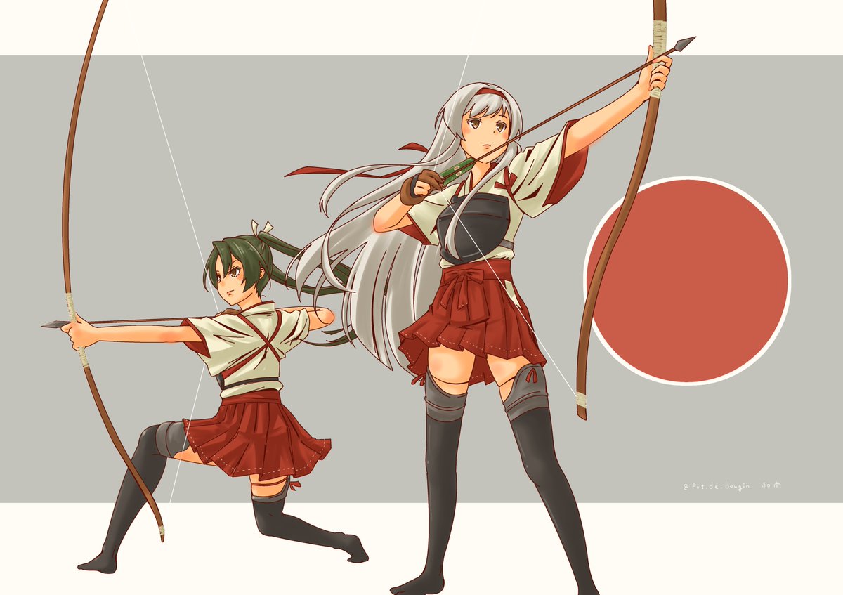 shoukaku (kancolle) ,zuikaku (kancolle) multiple girls 2girls weapon bow (weapon) long hair skirt twintails  illustration images