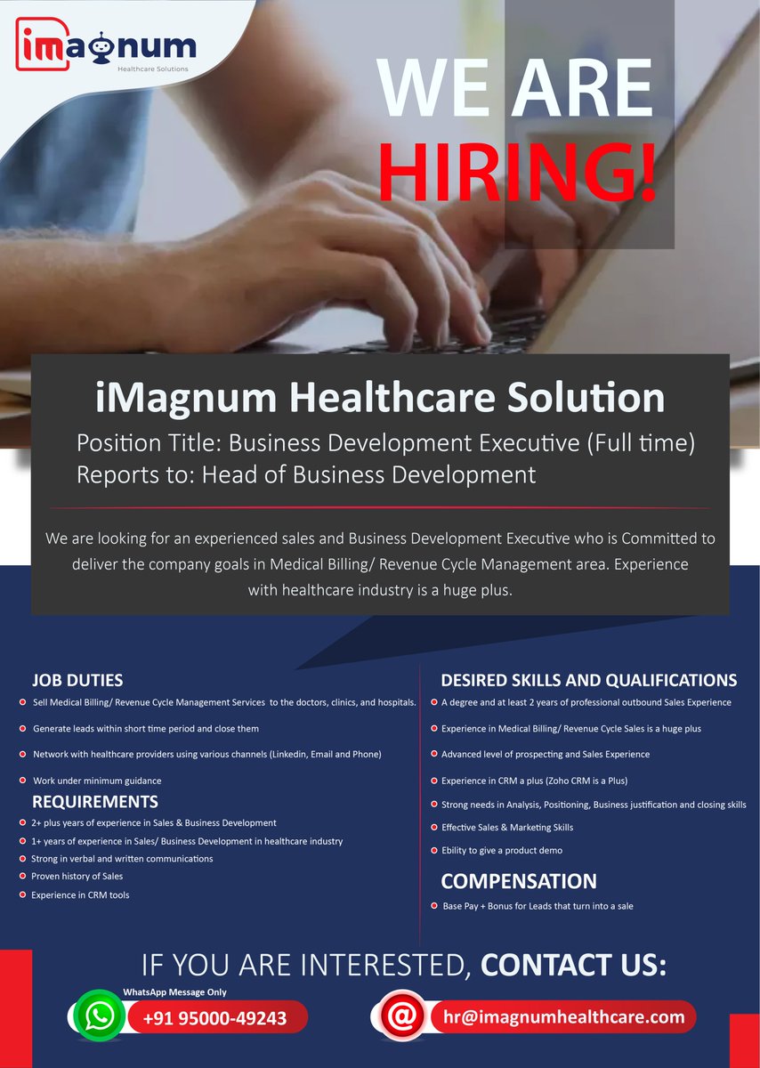 Currently Hiring: Business Development Executive,
#jobs #jobsearch #jobopportunity #jobvacancy #jobseekers #jobopening #Businessdevelopment #vacancy #resume #hiring #recruitment2022 #nowhiring #medicalcoding #medicalimaging
#rcmtechnologies #denialmanagement