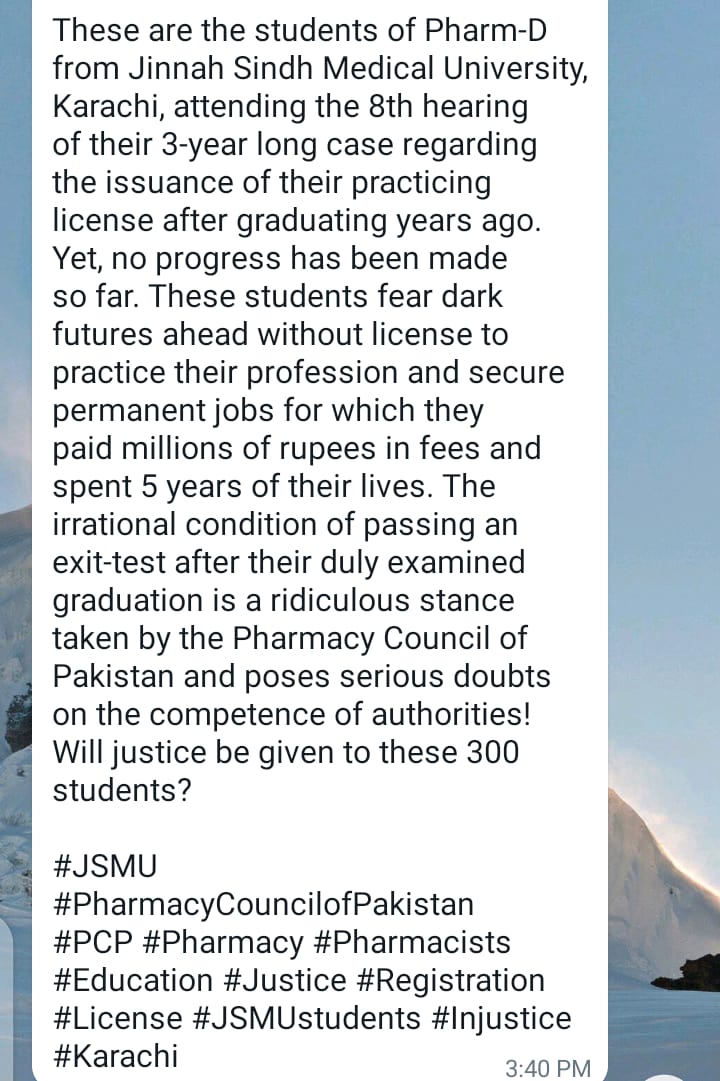 Mahamkh12960416's tweet photo. We PHARM-D  graduates of JINNAH SINDH MEDICAL UNIVERSITY want JUSTICE !!!!

×WE WANT A LICENSE !!!
×WE WILL NOT ACCEPT THIS INJUSTICE!!
×WE WILL NOT LET ANYONE  PLAY WITH OUR FUTURE !!!

We request Chief justice of Pakistan help us!!

#ChiefJusticeOfPakistanHelpUs https://t.co/CXtKxqhccT