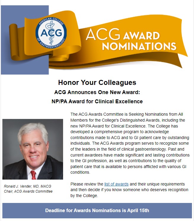 MaryVetterNP's tweet photo. 🌟New @AmCollegeGastro NP/PA Award for Clinical Excellence 🌟 Honor your colleagues by recognizing a distinguished NP/PA in GI and hepatology:
✅Practice expertise
✅Contributions to patient care
✅Leadership
✅Mentoring 
https://t.co/Ht6S3IftqJ
#GIAPP #GastroAPP #ACGfamily https://t.co/irFCXMobWg