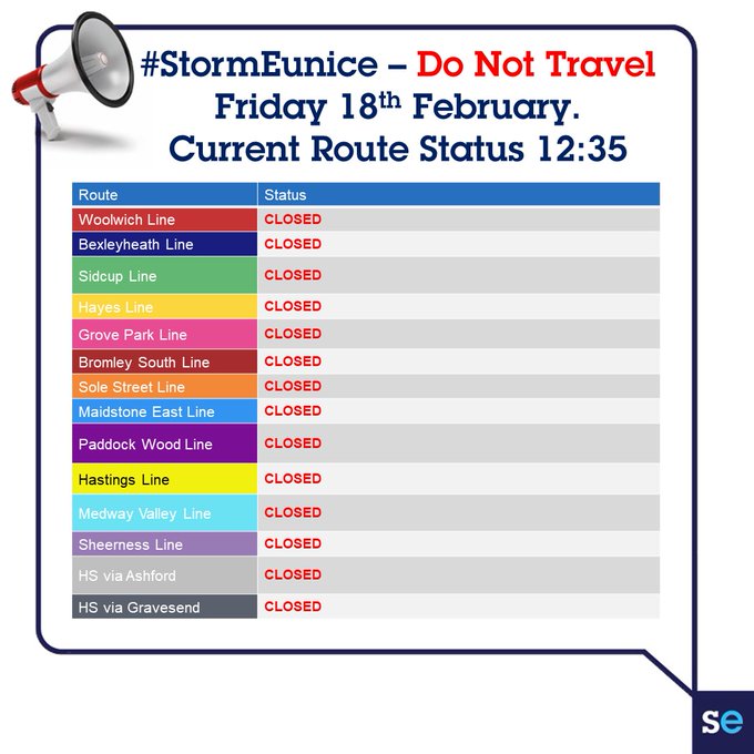 All Southeastern Routes are closed No alternative transport is available Do not attempt to travel