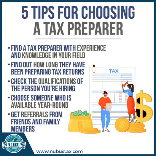 5 Tips for choosing a TAX prepaper.

👉👉Book your consultation here @ nubustax.com

#accounting #taxes #IRS #nubustax #ceoaccountant #expert #consultation #professional #TaxTwitter