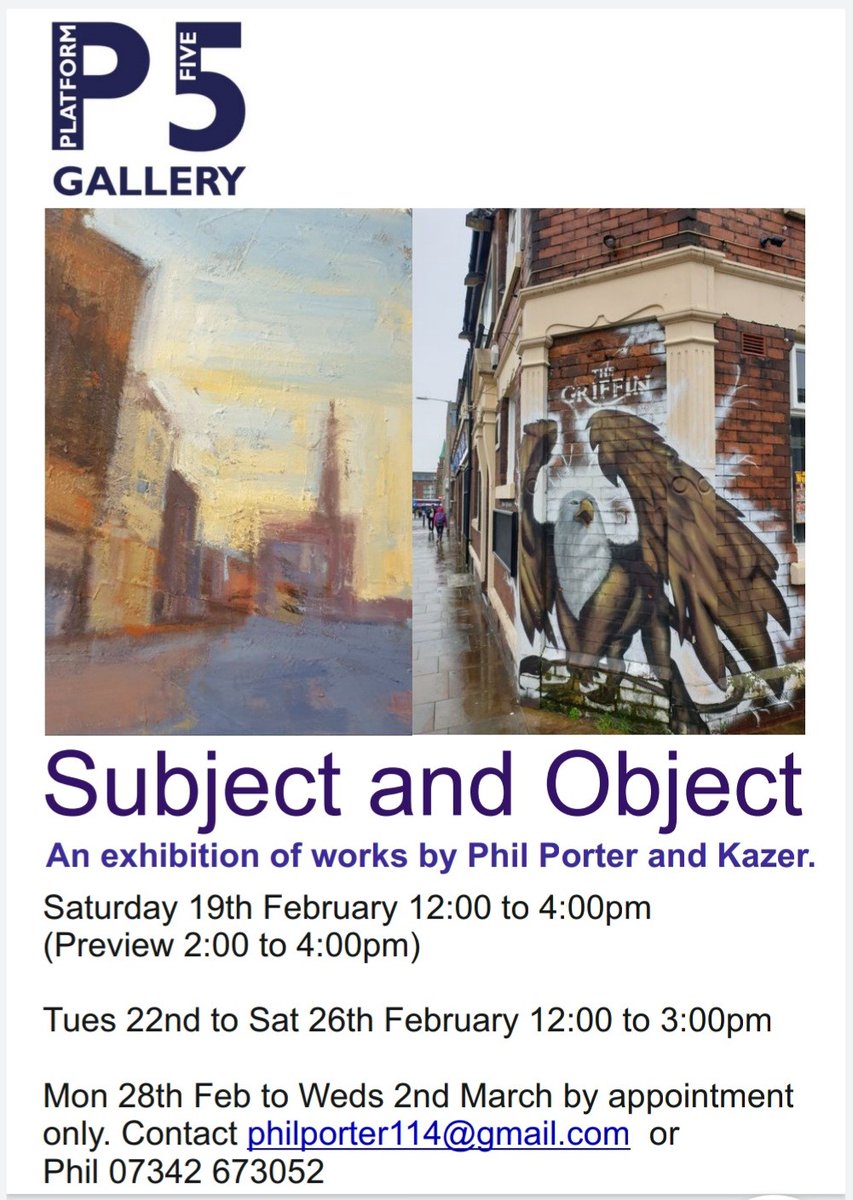 Next upcoming exhibition in the P5 Gallery at Bolton Station

Opens Tomorrow (Saturday 19th February: 12pm-4pm) 

Free entry- no need to purchase a rail ticket, just inform barrier staff you are visiting the gallery 

Works by local artist Phil Porter and mural artist Kazer