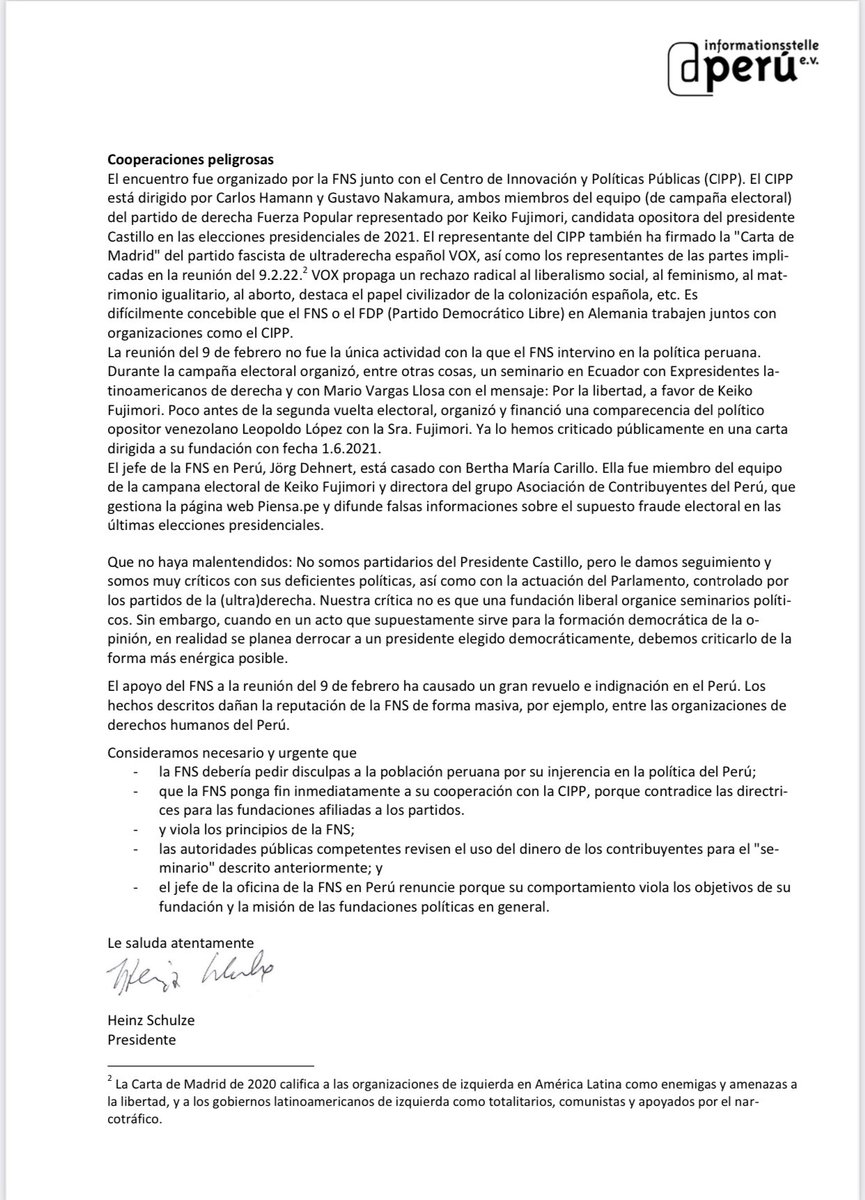 Epicentro_TV's tweet photo. #LOÚLTIMO
Enérgica comunicación del presidente de la red de solidaridad Alemania Perú exigiendo explicaciones de la Fundación Friederich Nauman por la reunión con dirigentes de la oposición. 
Aquí la carta 
👇 https://t.co/tnTBlIkDdh