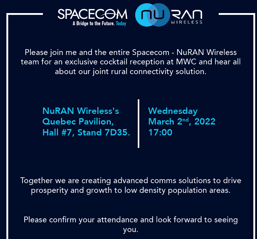 NuRANWireless's tweet photo. Will you be in Barcelona during #MWC22? This is a perfect occasion to meet both @AMOSSpacecom &amp; @NuRANWireless.  Please RSVP with roxanne.letourneau@nuranwireless.com https://t.co/VVLGrxVBJY