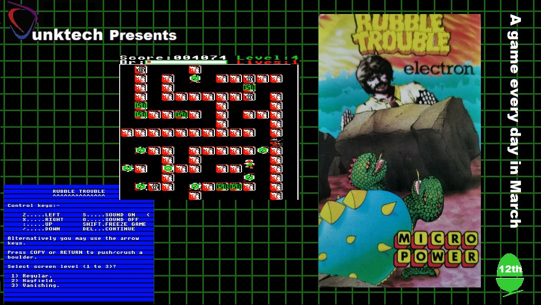 dunktech's tweet photo. An Acorn Game every day in March 2022
Day: 12
Game: Rubble Trouble
Released: 1985
Publisher: Micro Power
A great mixture of arcade and strategy crushing boulders!
#rubbletrouble #acorn #acornelectron #8bit #retrogaming #gamersunite #80s https://t.co/zzCDl3IoUs