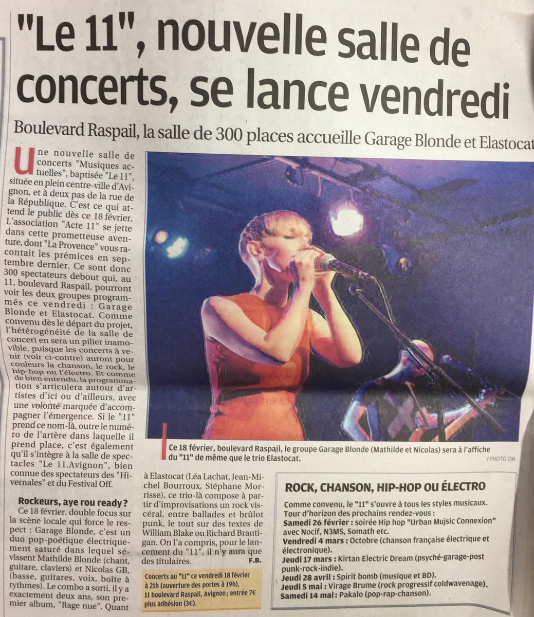 Parfait pour fêter le retour des concerts, l’ouverture ce soir de la nouvelle salle à #Avignon, Le 11 Music 11music.fr avec #GarageBlonde et #Elastocat 🎙🎸🎶
- via <a href="/LPAvignon/">La Provence Vaucluse</a> 

#rock #pop #chanson #indierock #punk #live #Vaucluse