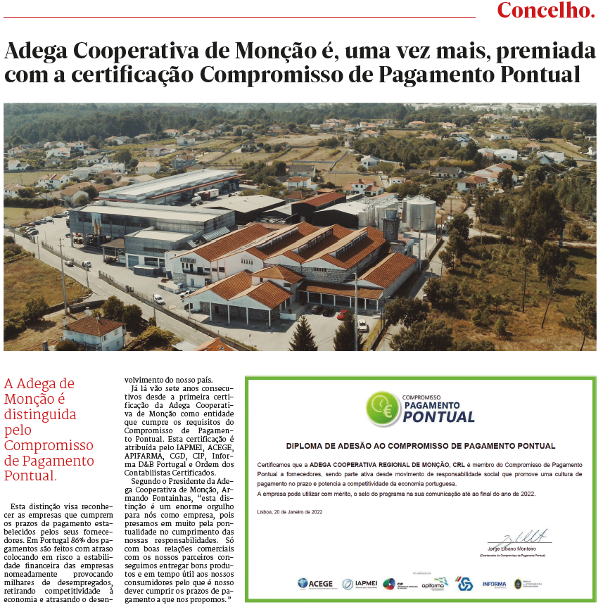 adegademoncao's tweet photo. Destaque do jornal A Terra Minhota à distinção de Compromisso de Pagamento Pontual que muito nos orgulha #aterraminhota #adegademoncao #moncaoemelgaco https://t.co/qoLTRxeGIk