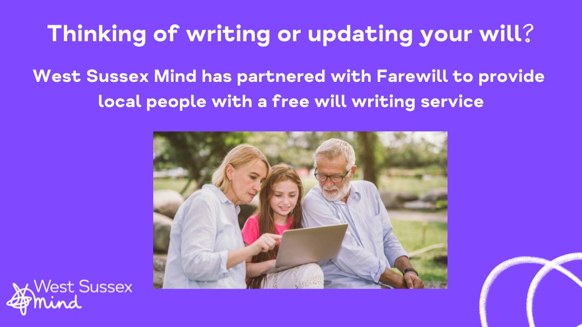 WestSussexMind's tweet photo. West Sussex Mind has partnered with Farewill to provide a free will writing service.
Please consider leaving a donation to West Sussex mind when accessing the service ❤️
Visit https://t.co/8qhrQyfOsA to write your will now!
#farewill
#will
#mentalhealth
#westsussex https://t.co/iLerphM1Gh