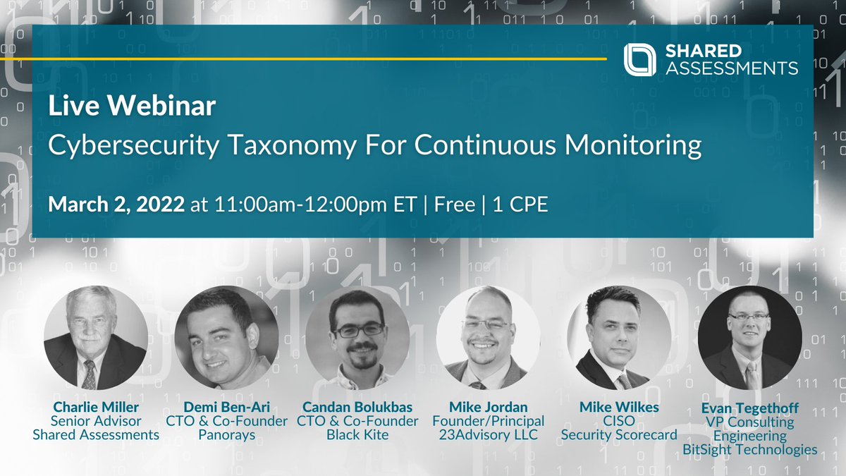 SA_Program's tweet image. Shared Assessments experts will provide the industry&apos;s first descriptive list of #cyberevents and monitoring surfaces in our free webinar on #Cybersecurity and #ContinousMonitoring in #TPRM.

Join us on March 2nd at 11:00am ET. Reserve your spot here: ow.ly/EQE350HS56I