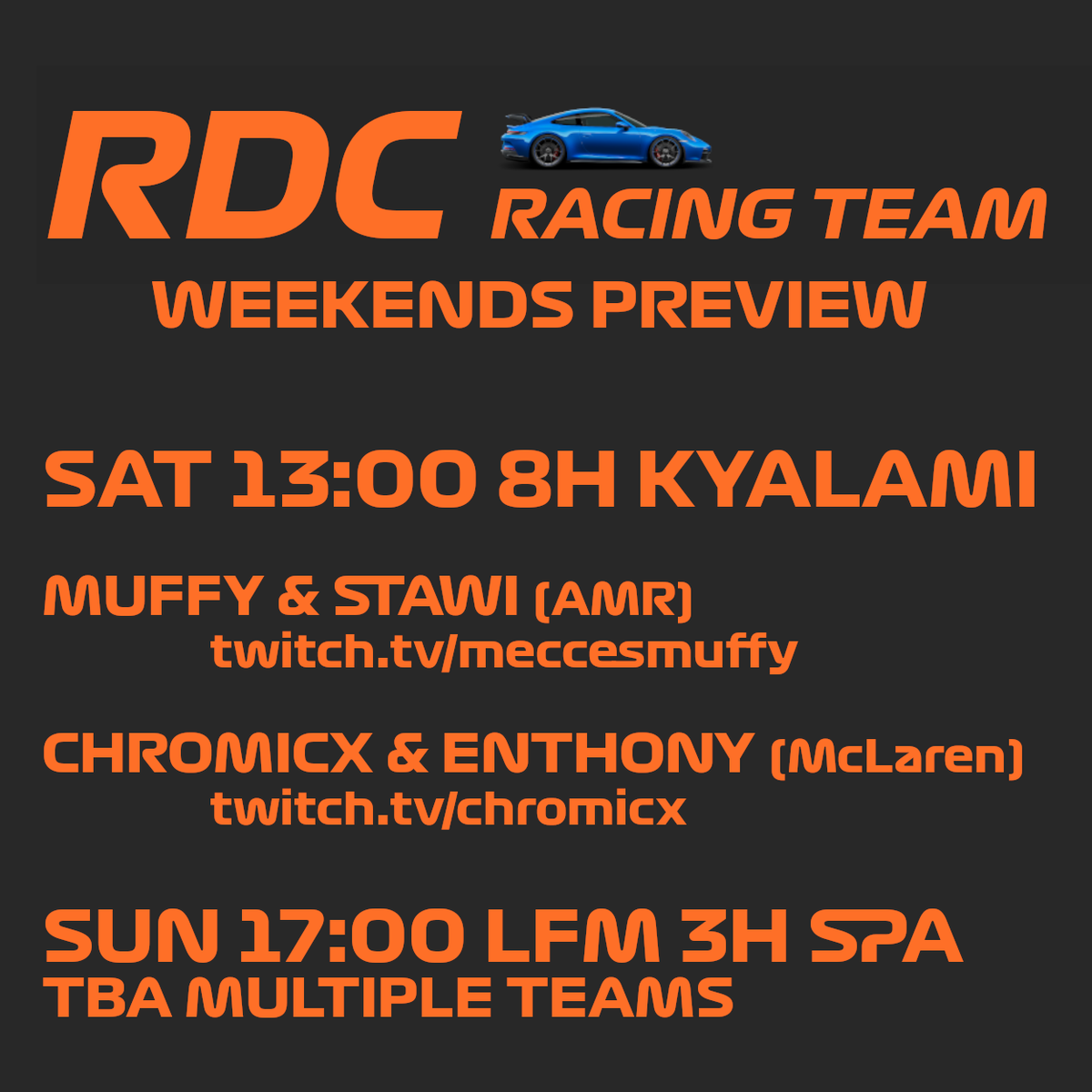 RDC Racing (@rdc_racing) on Twitter photo Dieses Wochenende ist RDC wieder auf der Strecke! Zwei Teams werden beim 8H Kyalami Rennen von Audi Club International teilnehmen. Natürlich könnt ihr live dabei sein. Zum Ausklang gibt's dann einen Ausflug nach Spa bei <a href="/LFMotorsport/">Low Fuel Motorsport</a> . Dieses Wochenende ist RDC wieder auf der Strecke! Zwei Teams werden beim 8H Kyalami Rennen von Audi Club International teilnehmen. Natürlich könnt ihr live dabei sein. Zum Ausklang gibt's dann einen Ausflug nach Spa bei <a href="/LFMotorsport/">Low Fuel Motorsport</a> .