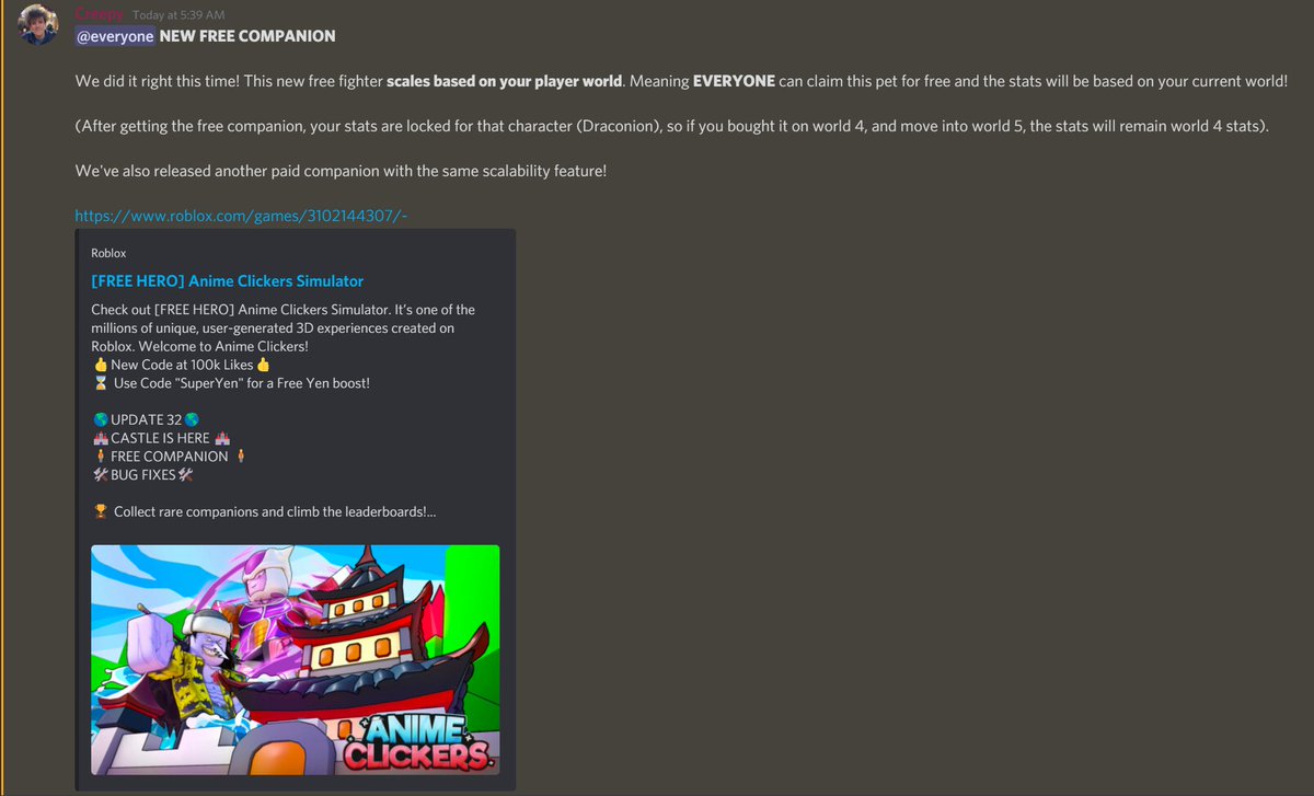 A new free companion is available that EVERYONE can claim!🤩

Claim Here: roblox.com/games/31021443…

Join our Discord: discord.gg/DpAqmANV8Y