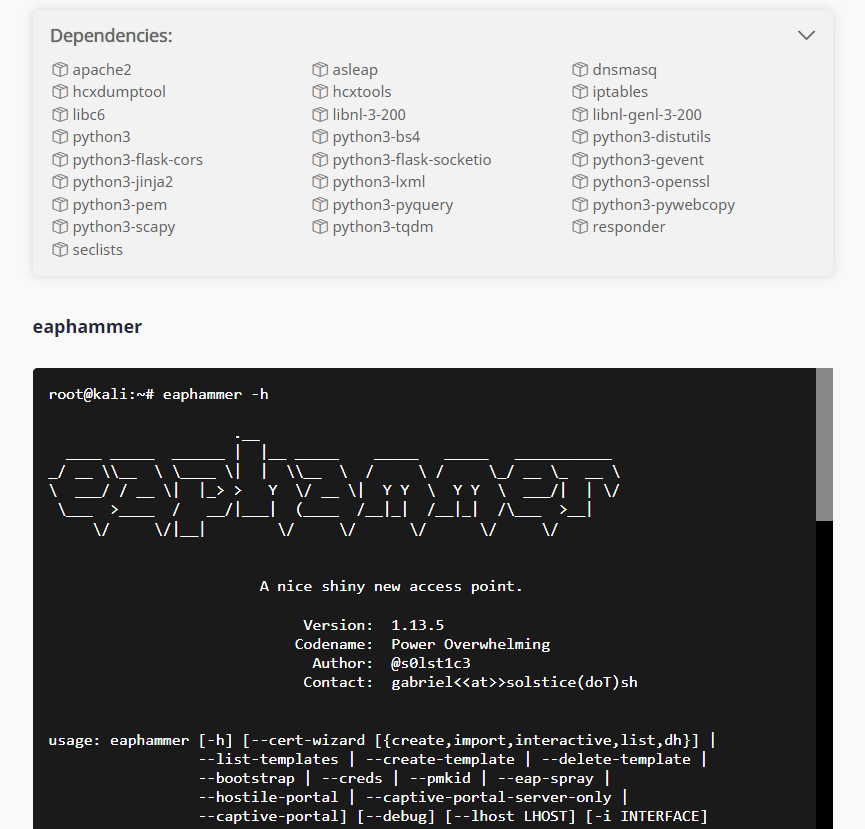 This package contains a toolkit for performing targeted evil twin attacks against WPA2-Enterprise networks. It is designed to be used in full scope wireless assessments and red team engagements.  

How to install: 
root@kali~# sudo apt install eaphammer