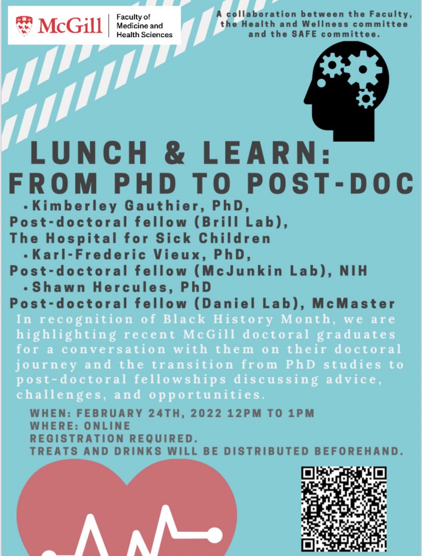 Reminder about the next <a href="/mcgillu/">McGill University</a> <a href="/McGillMed/">McGill Medicine and Health Sciences</a> Lunch &amp; Learn Workshop: From PhD to Post-Doc on Feb 24th, 12 PM with <a href="/thekimgauthier/">Dr. Oz Ophila 🪰</a> from <a href="/SickKidsNews/">The Hospital for Sick Children (SickKids)</a>, @KarlFredVx from <a href="/NIH/">NIH</a> &amp; <a href="/ShawnHercules/">Dr. Shawn</a> from <a href="/McMasterU/">McMaster University</a>! It’s going to be a great discussion! <a href="/akryan6/">Aimee Ryan</a> <a href="/jenn_chen_/">Jenn Chen</a> <a href="/KimberlyGJohn/">Kimberly John</a>