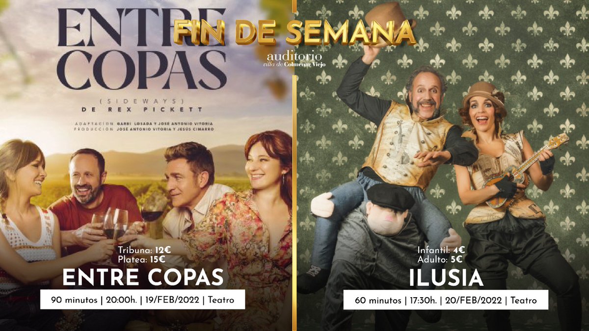 AytoColmenar's tweet photo. Este fin de semana en Auditorio Villa #ColmenarViejo:
✅#EntreCopas
🎭Con #JuanjoArtero, @PatxiFreytez y @anavillaactriz
📽️https://t.co/ZFYOovFnYw
✅Teatro de títeres #Ilusia
🎭Con #NataliaCalderón y #EduardoGuerrero
📽️https://t.co/wPmwoxowBV
💻Entradas https://t.co/IXJWFAAx3c https://t.co/3tOBzA3svr